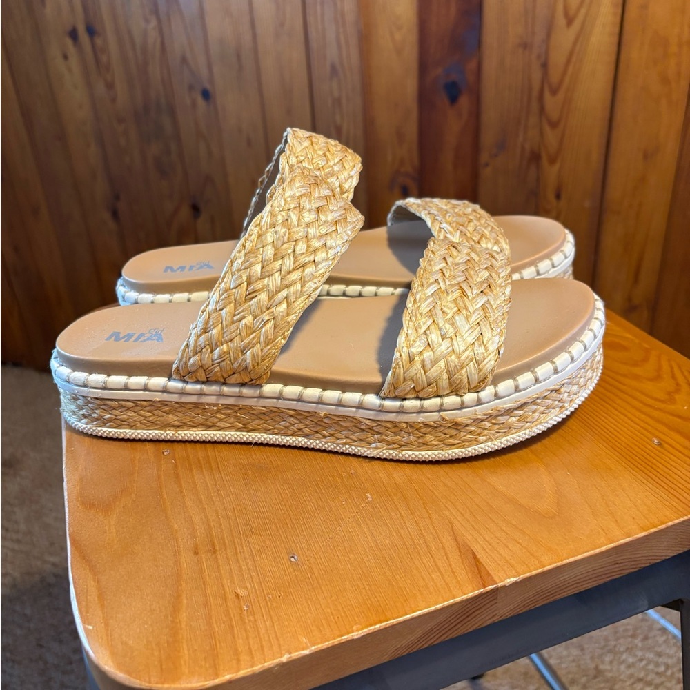 MIA Natural Tan Woven Platform Slide Sandals